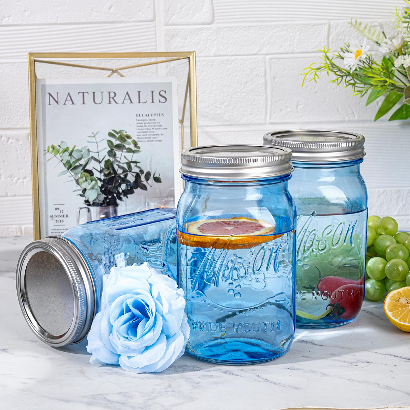Wellife blue mason jar with airtight seal and lid.