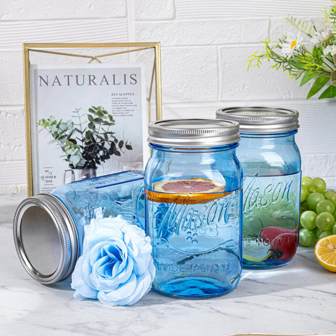 Wellife blue mason jar with airtight seal and lid.