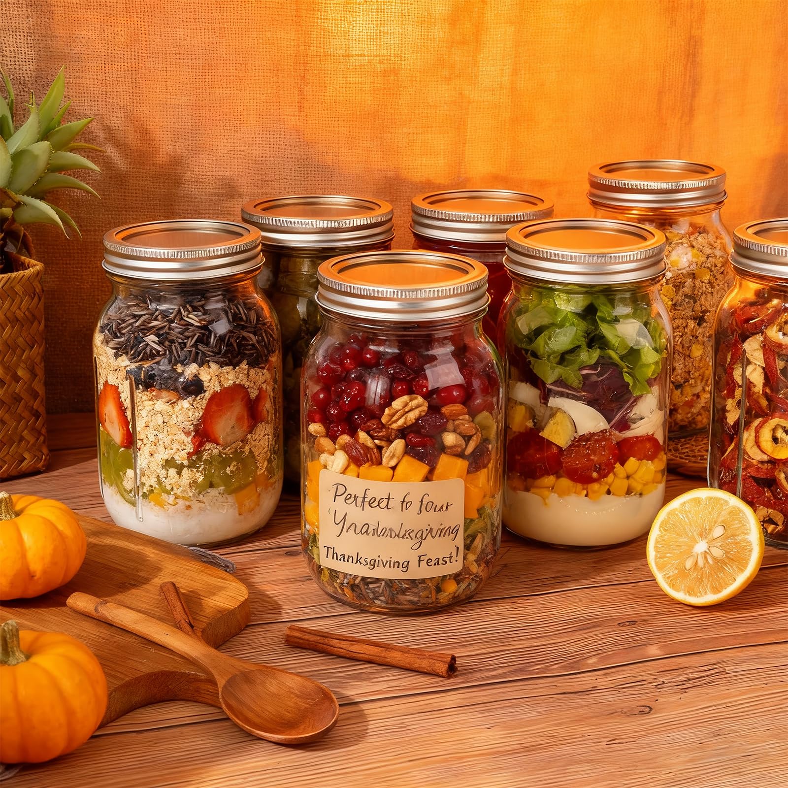 WELLIFE six-pack jars in a row showing versatile storage and reuse.