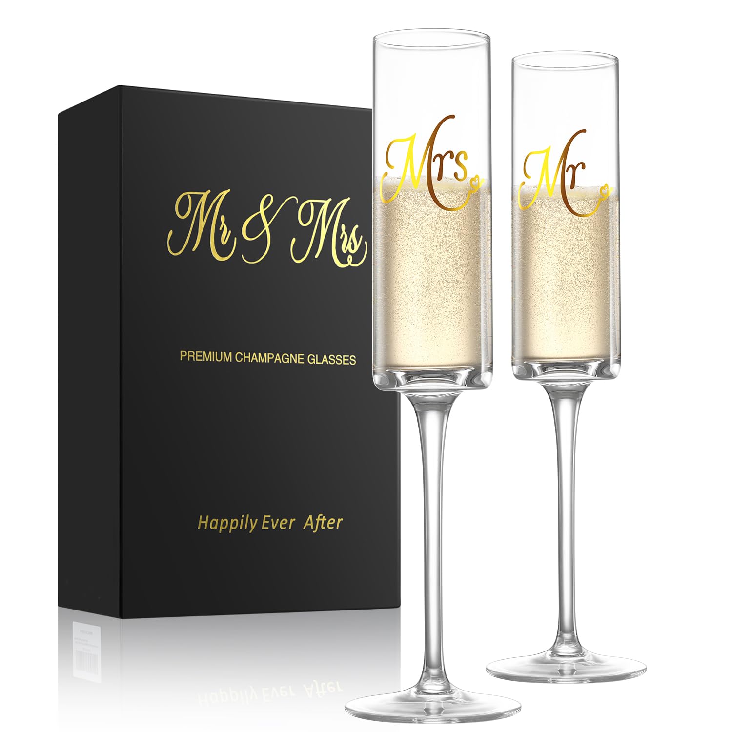 Wells Mr and Mrs champagne flutes with square edges for elegant toasts.