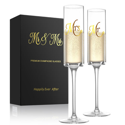 Wells Mr and Mrs champagne flutes with square edges for elegant toasts.