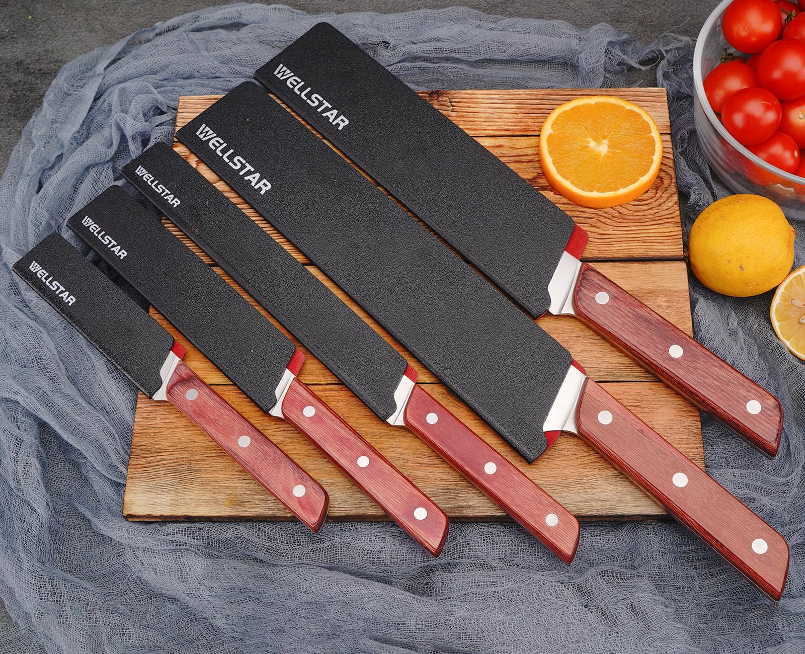 Wellstar blade guard set dimensions illustrate multiple sizes for kitchen knives.