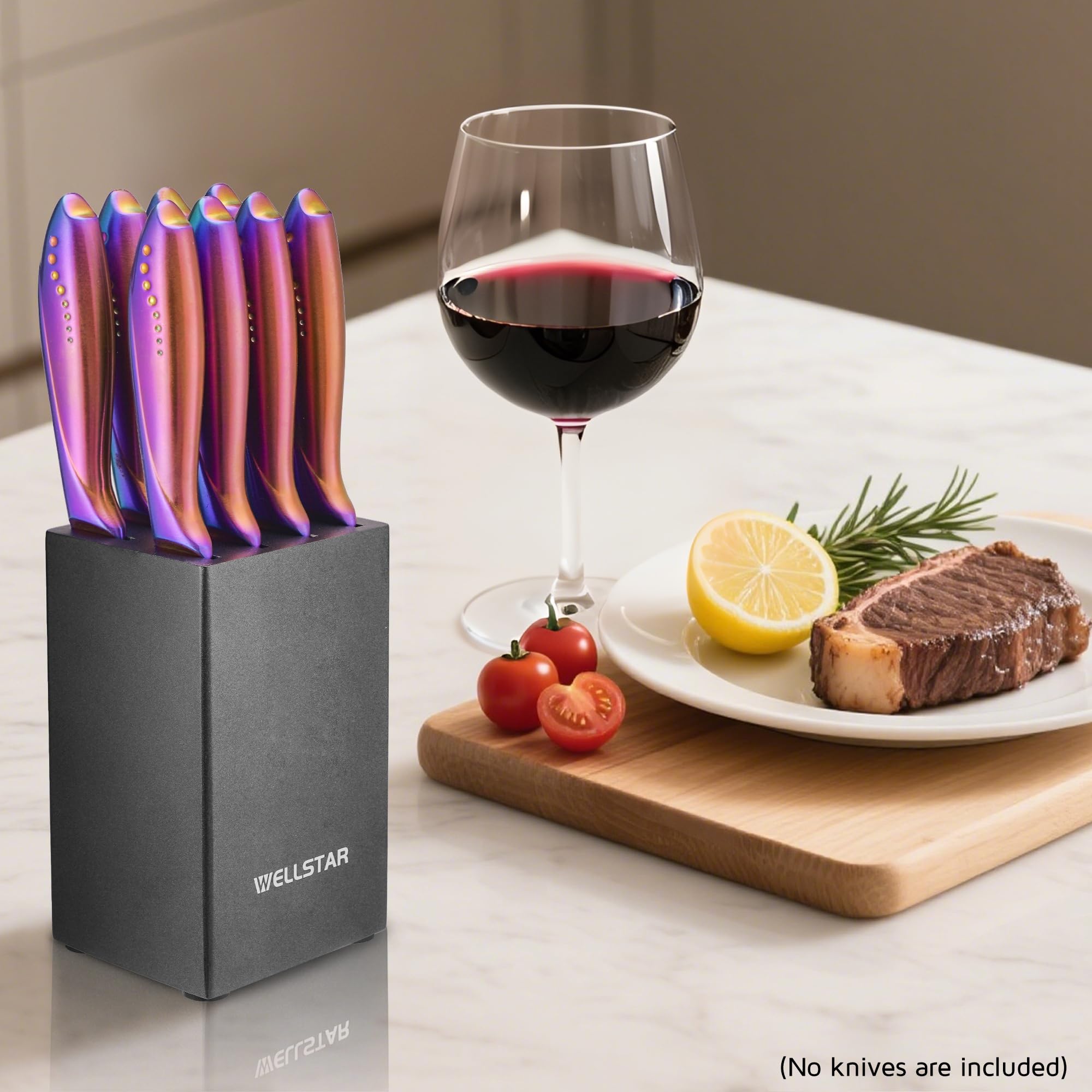 WELLSTAR knife block helps protect blade edges when stored between uses.