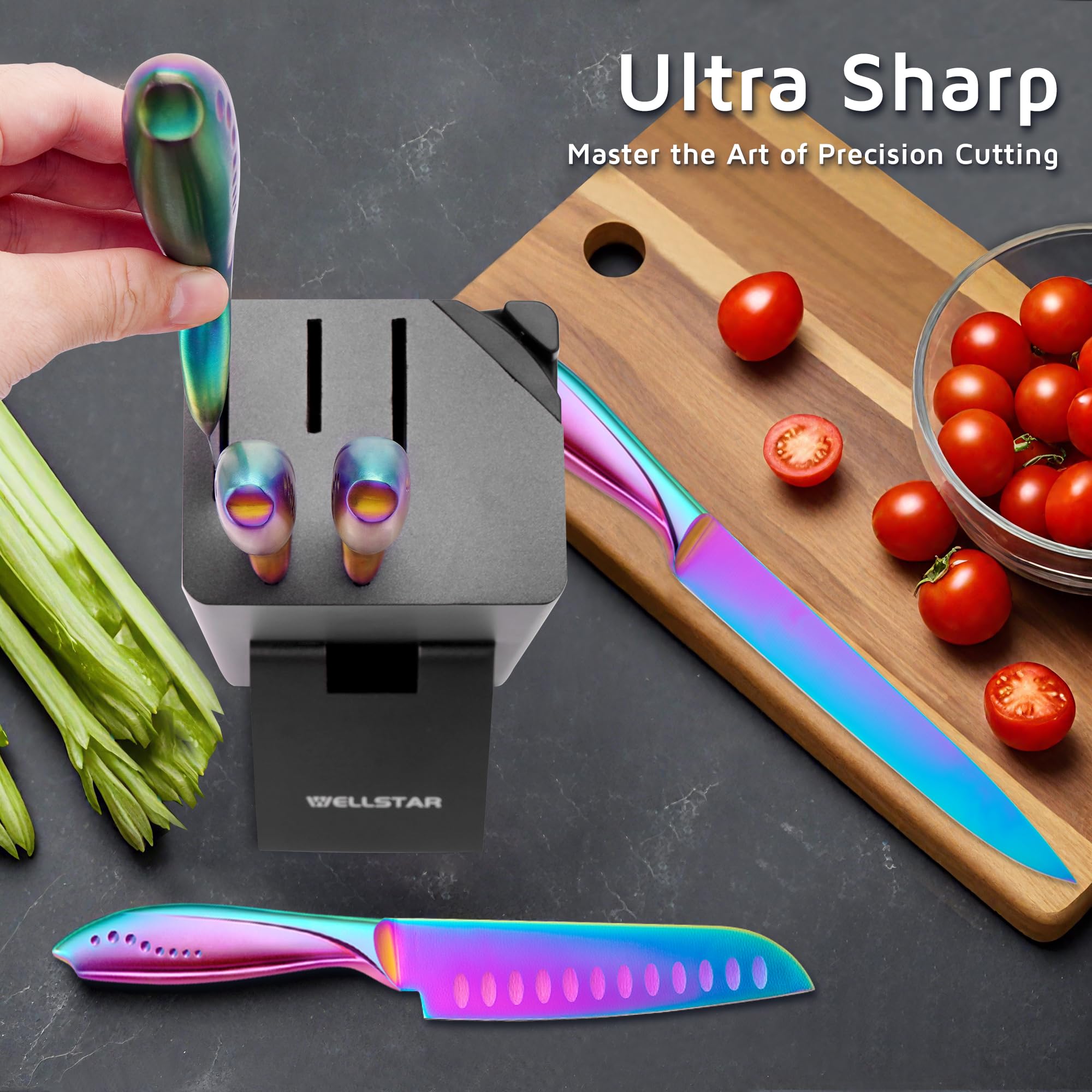 Wellstar Rainbow chef knife with iridescent coating for comfortable balance and precision.