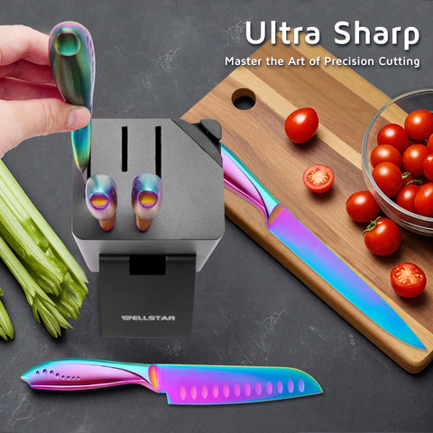 Wellstar Rainbow chef knife with iridescent coating for comfortable balance and precision.