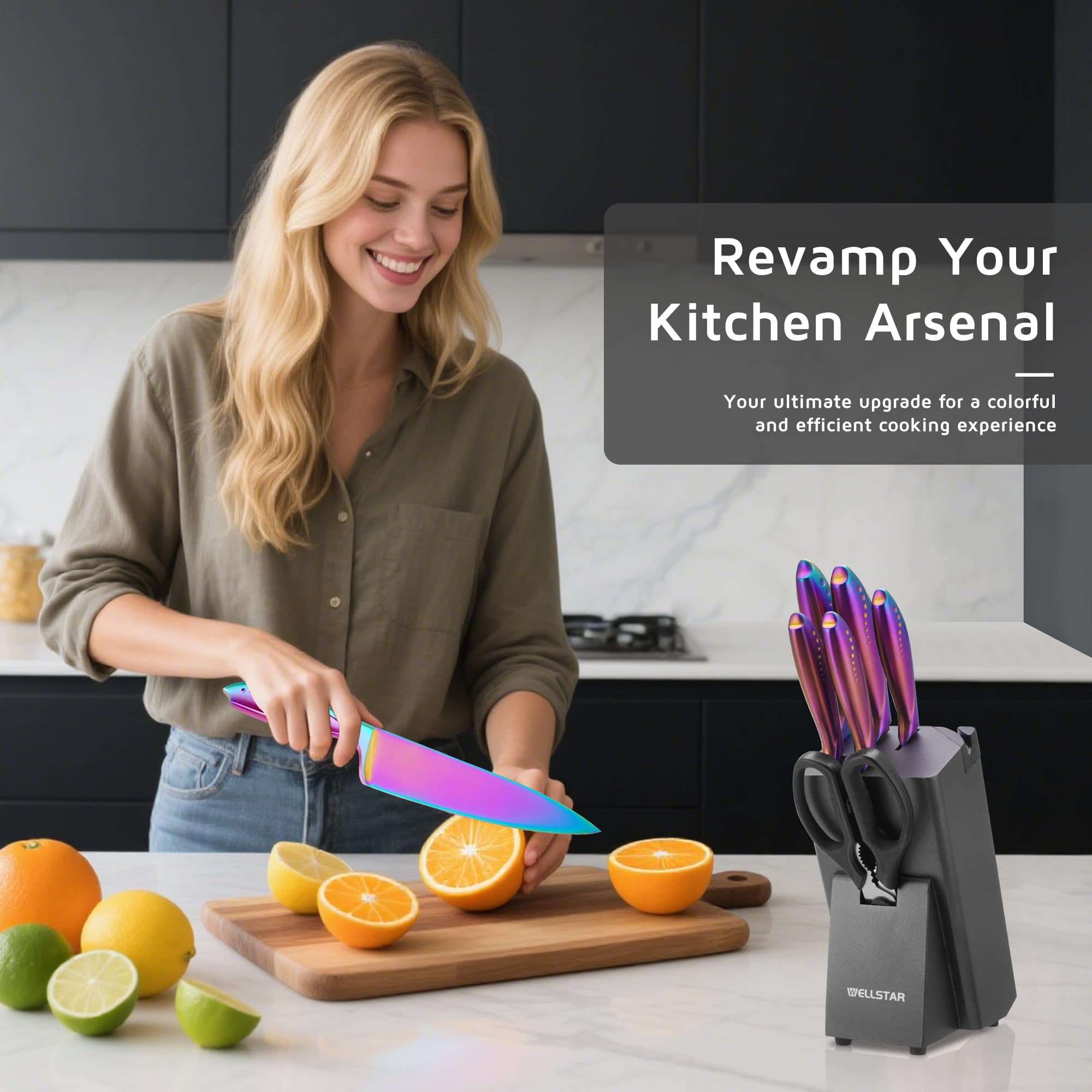 Wellstar Rainbow Knife Block shown, sturdy storage for safe, tidy kitchen organization.
