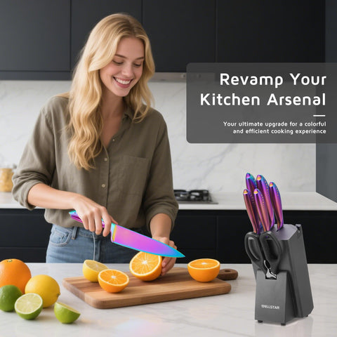 Wellstar Rainbow Knife Block shown, sturdy storage for safe, tidy kitchen organization.