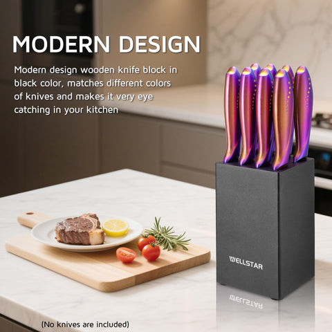 WELLSTAR rubberwood knife block with matte black finish protects blades and enhances kitchen style.