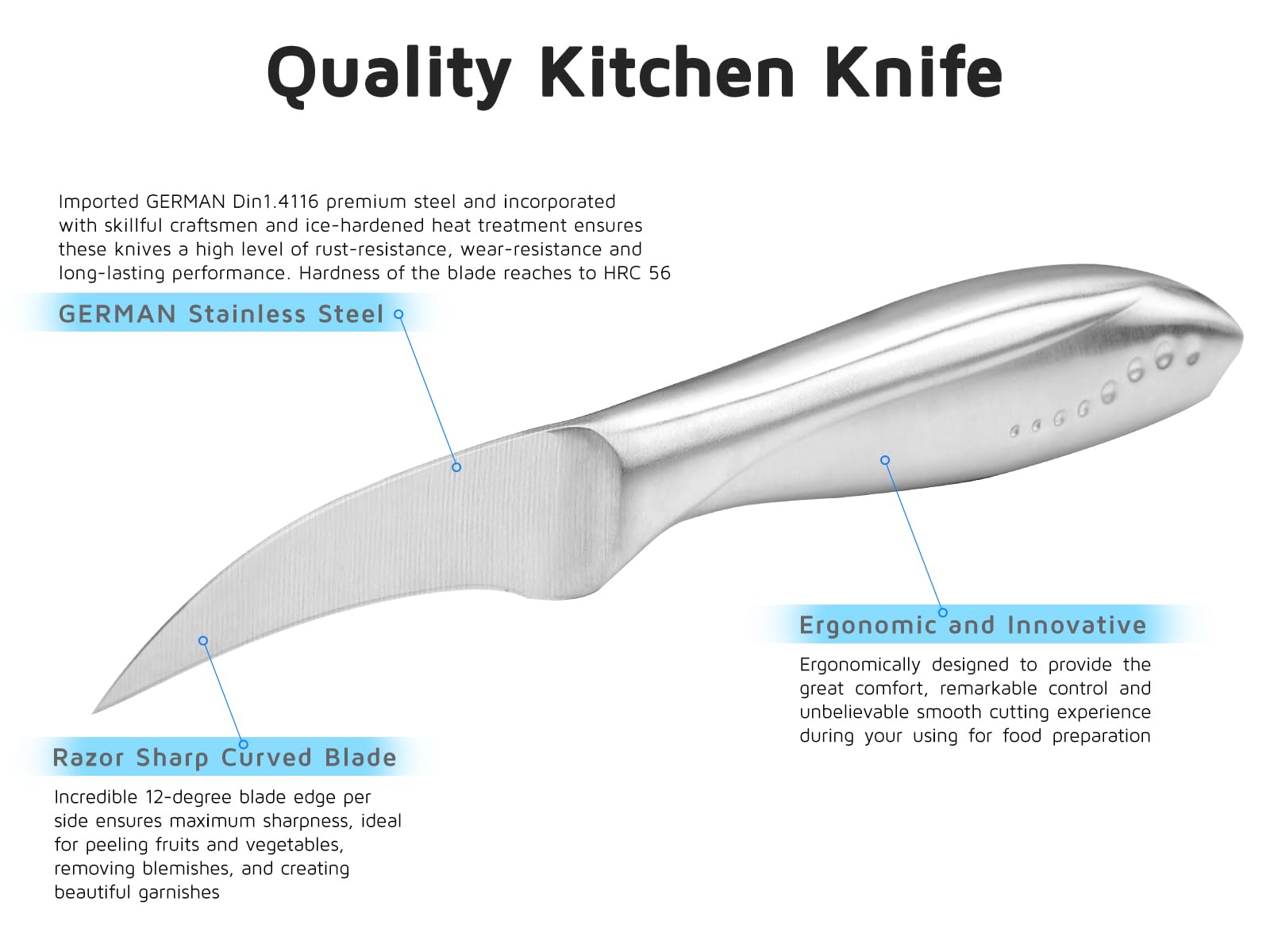 WELLSTAR silver paring knife detail highlighting balanced design and control.