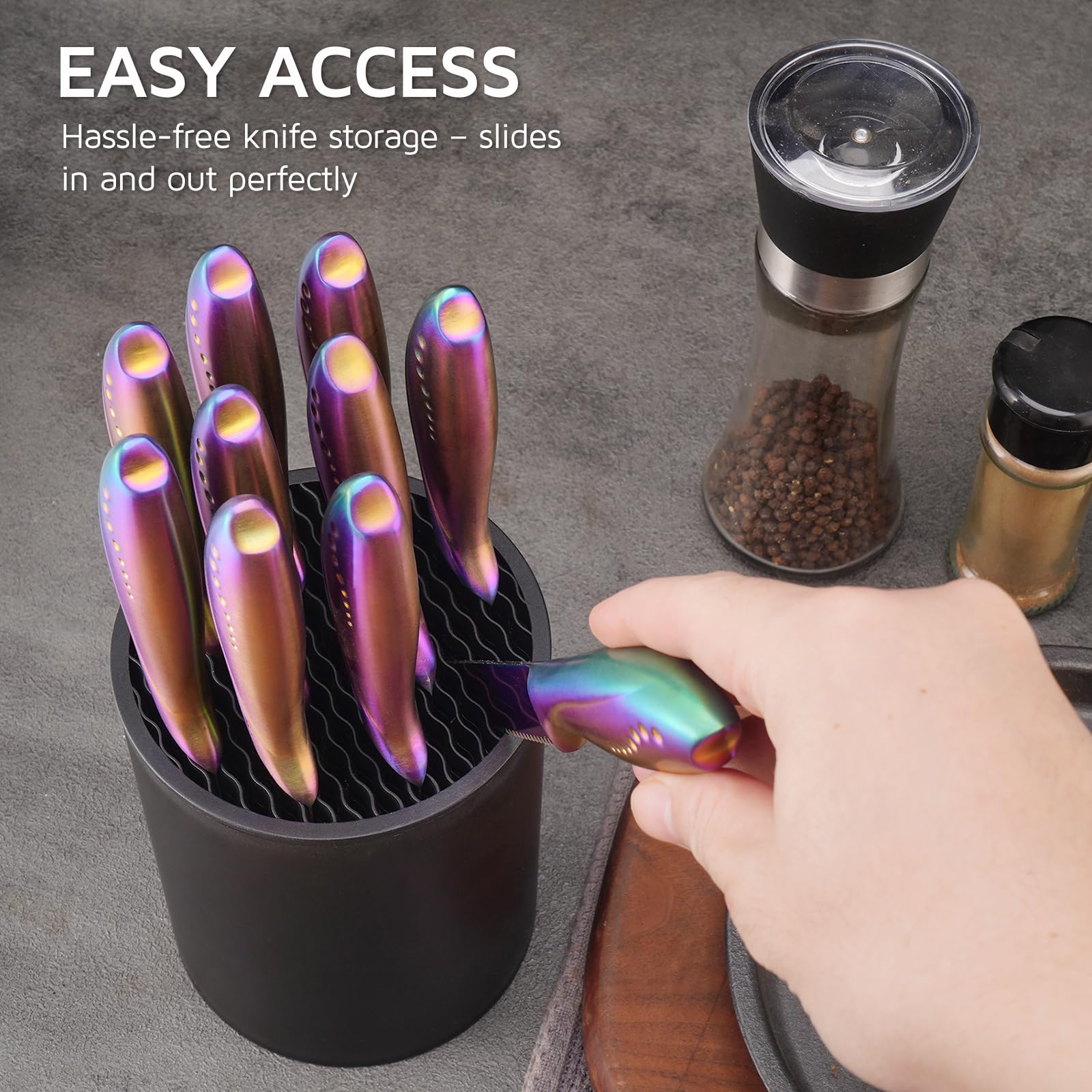 WELLSTAR black knife block on counter near stove for quick access
