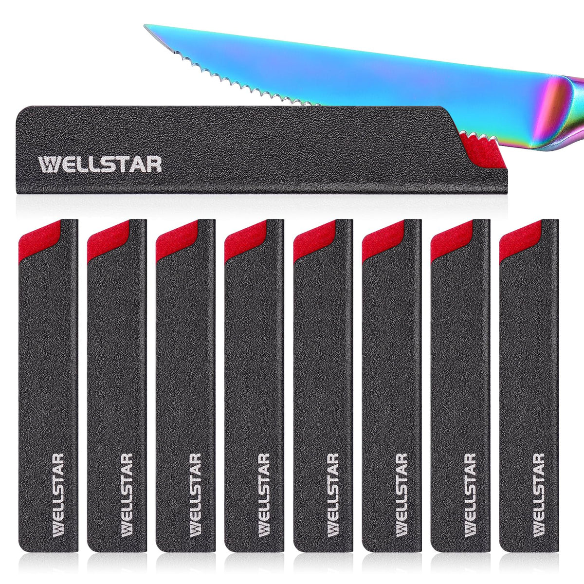 Wellstar steak knife edge guard close-up, universal fit protects blades from nicks.