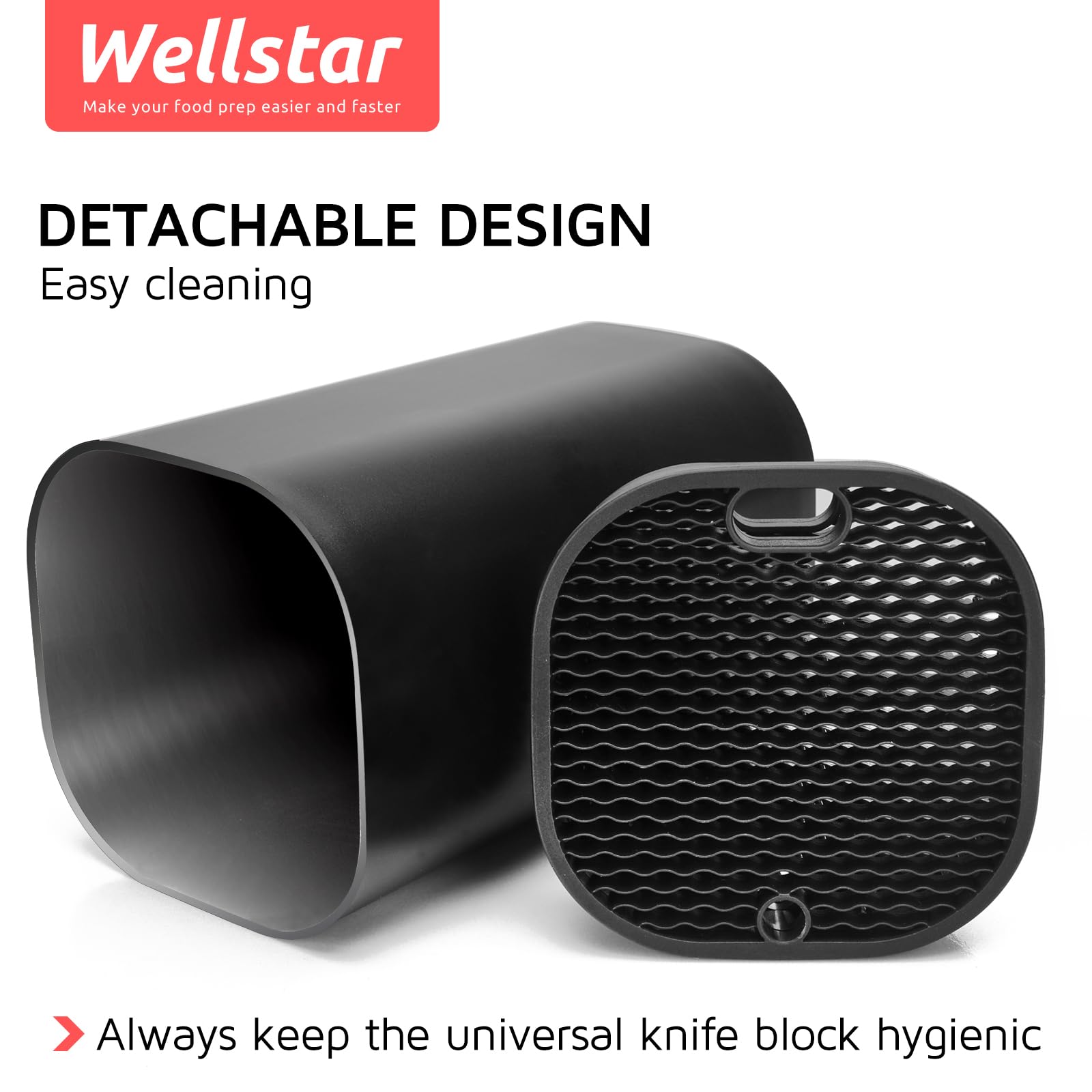 Wellstar knife block shows scissors slot supporting kitchen shears within easy reach.