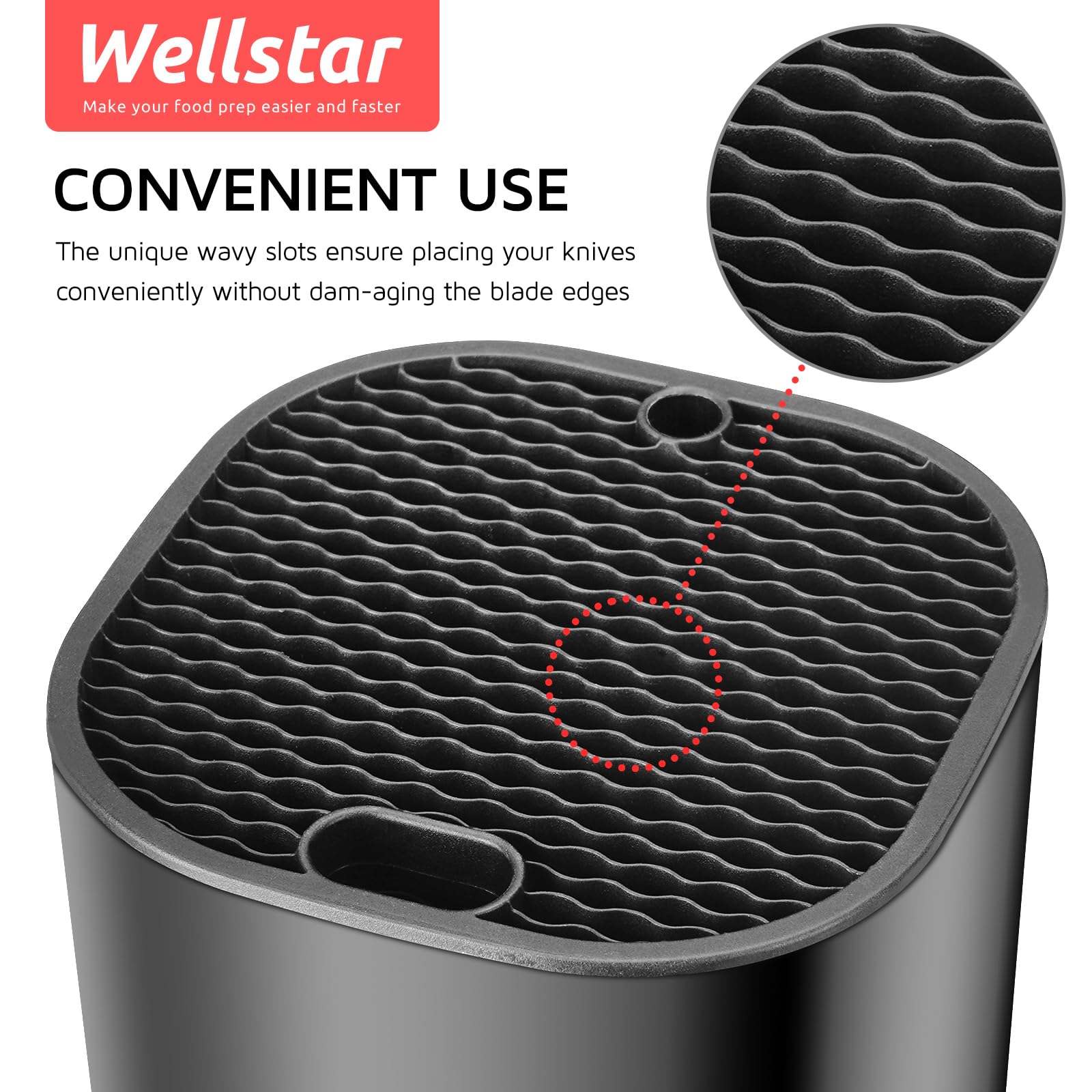 Wellstar knife block focusing on sharpening rod slot for quick edge maintenance.