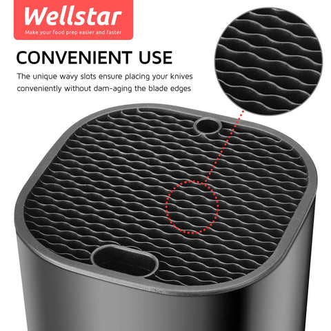 Wellstar knife block focusing on sharpening rod slot for quick edge maintenance.