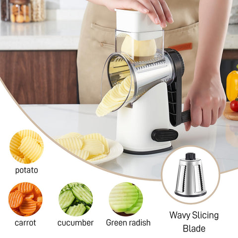 Weltonhm food pusher and rotating handle promote safe, precise slicing.