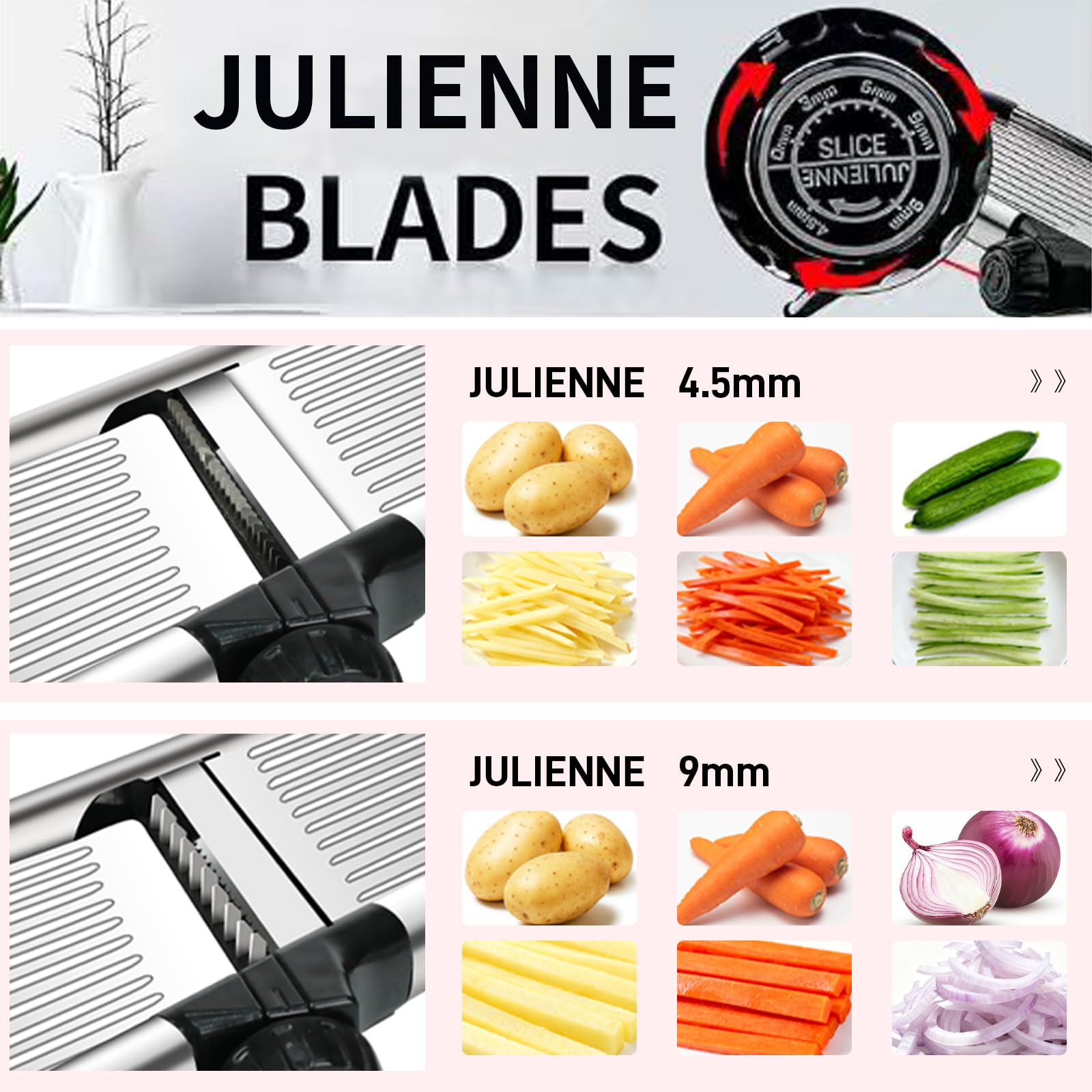 WeltonHM julienne settings for uniform matchstick cuts.