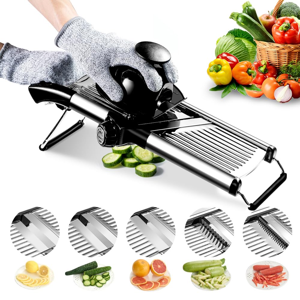 WeltonHM mandoline slicer base on countertop for stable, even cuts.