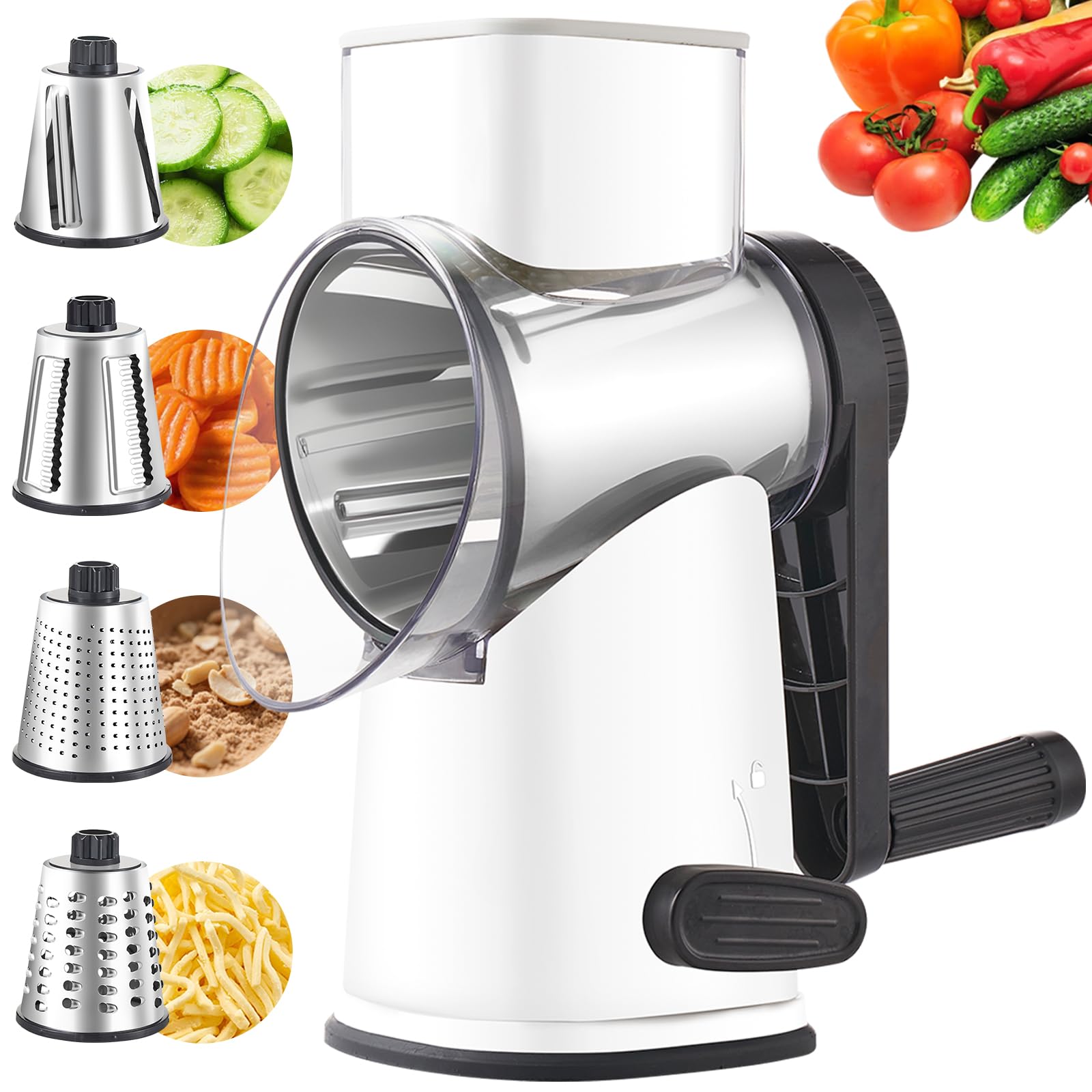 Weltonhm rotary cheese grater with four blades for fast shredding.