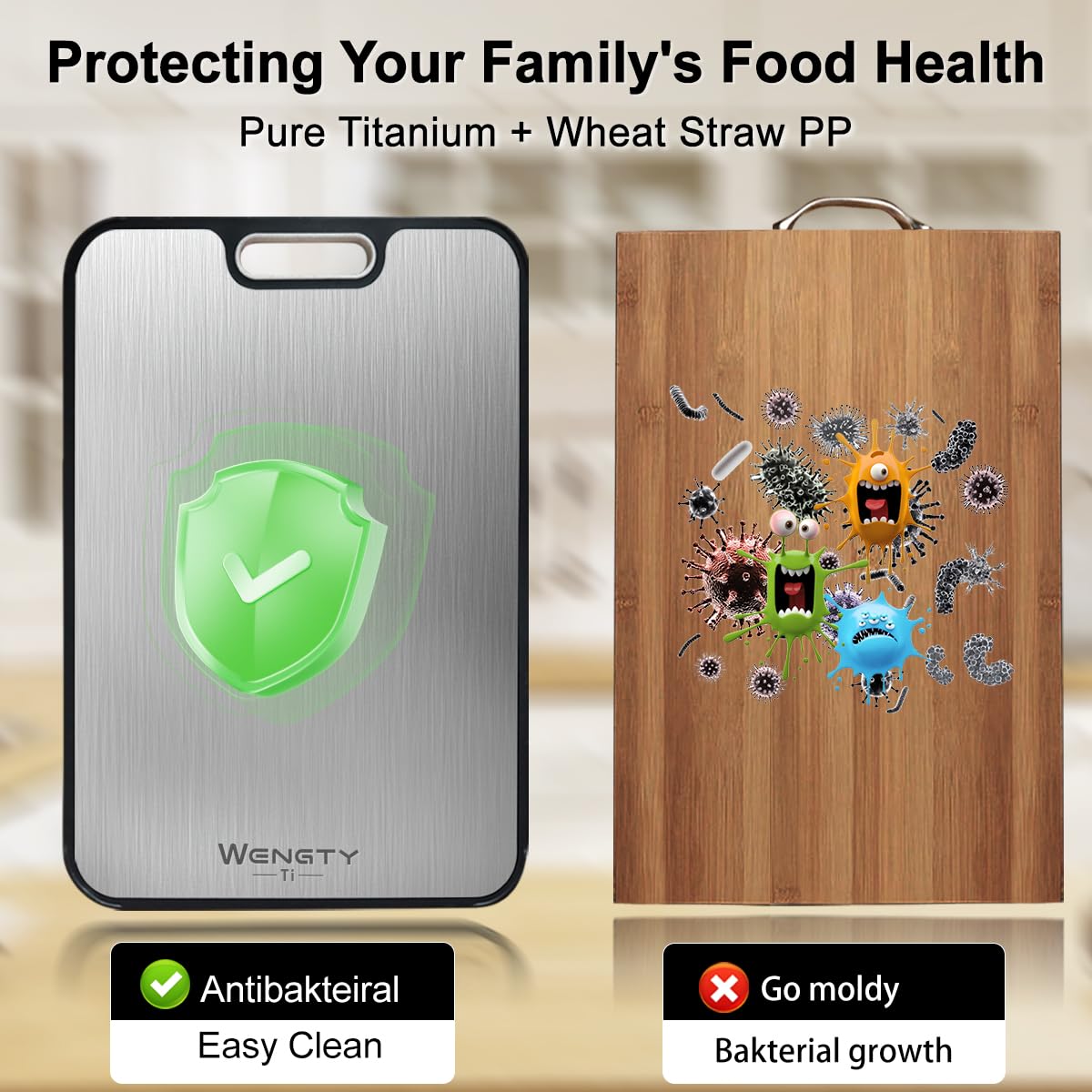 WENGTY titanium cutting board edge surface shows dual sides for meat and produce prep