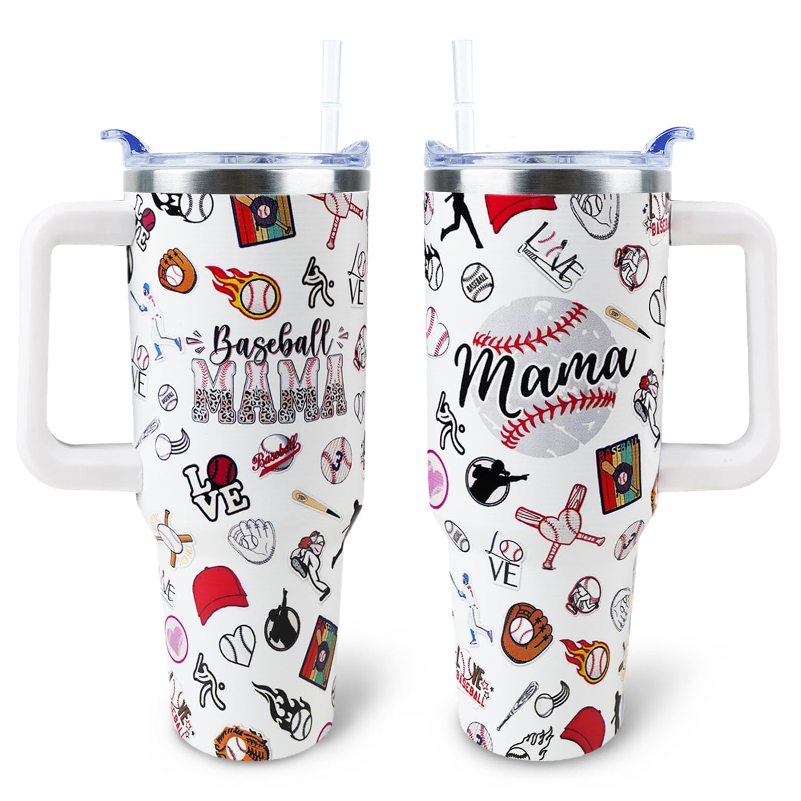 WENININOK Baseball Mom 40oz tumbler with handle facilitates easy carrying and hydration on the go.