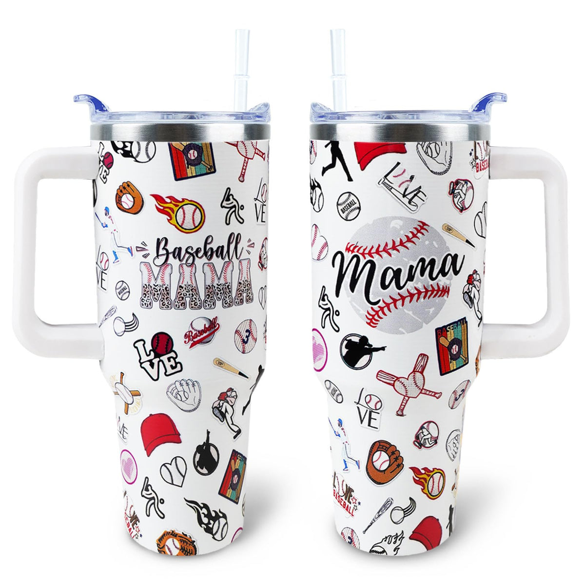 WENININOK Baseball Mom 40oz tumbler with handle facilitates easy carrying and hydration on the go.