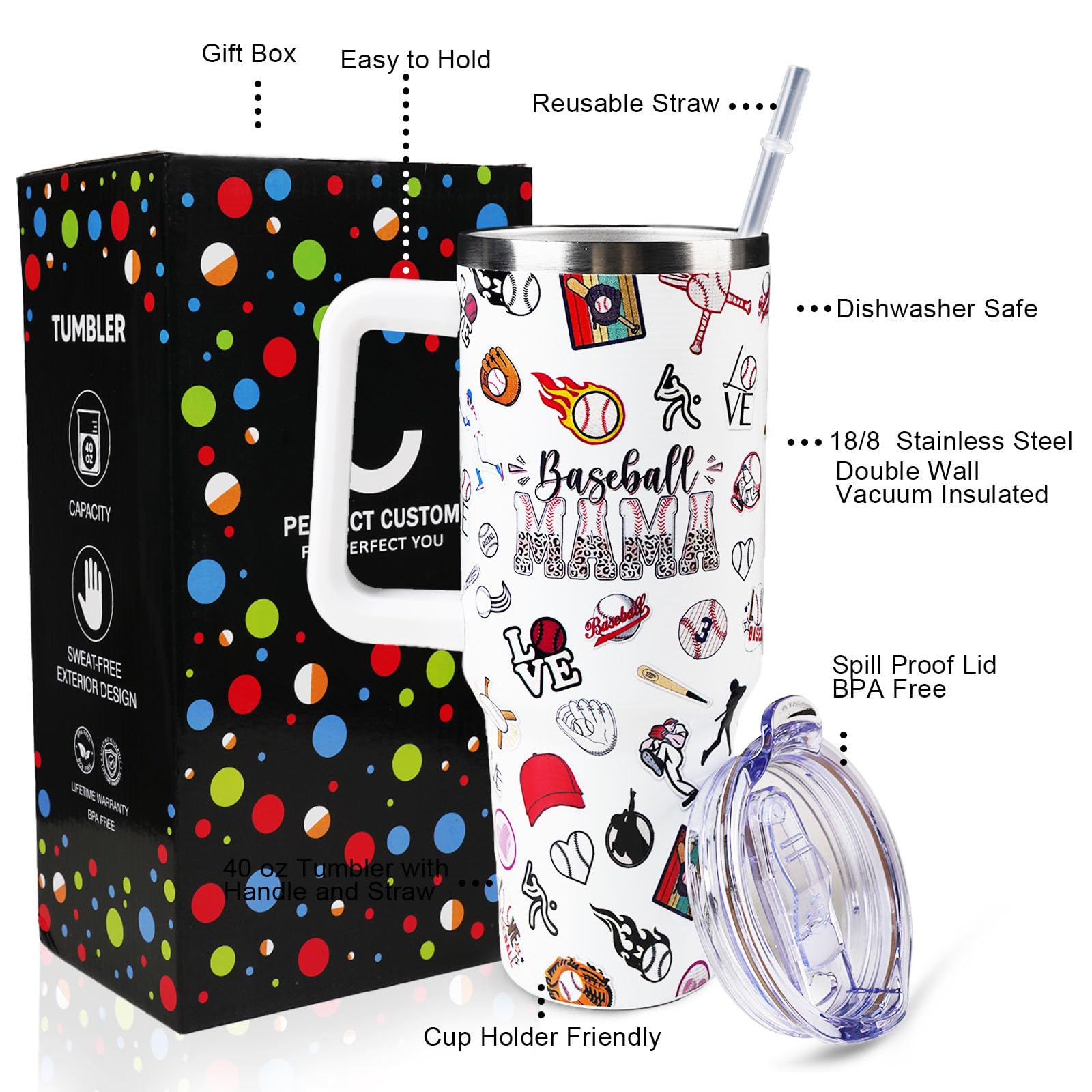 WENININOK Baseball Mom 40oz tumbler lid and straw for spill-proof sipping anywhere.