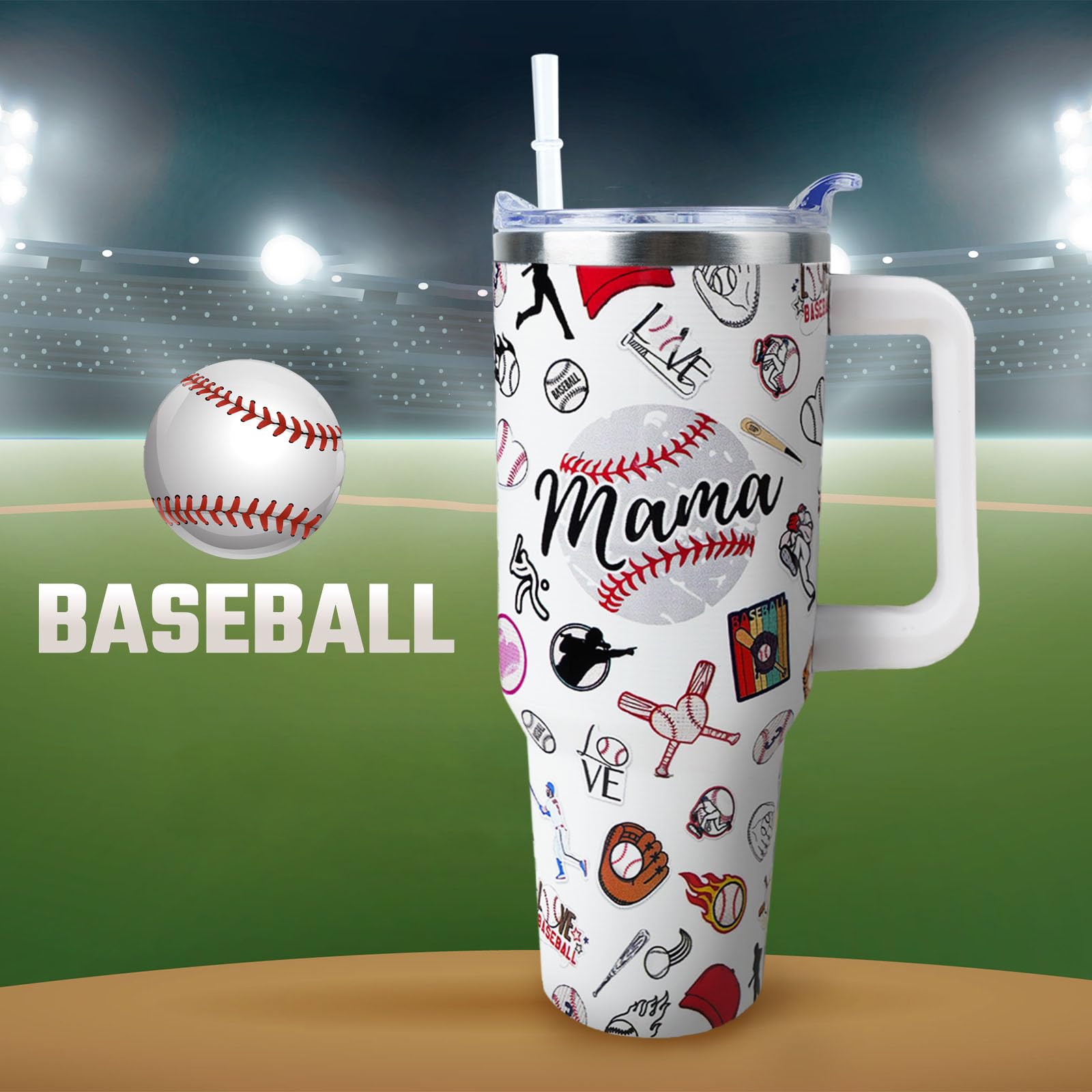 WENININOK Baseball Mom 40oz tumbler for outdoor activities, from games to camping.