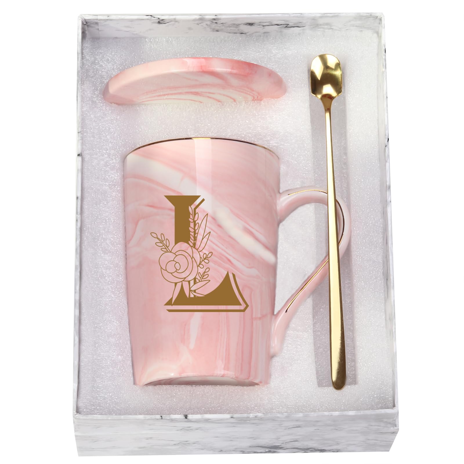 WENSSY Letter L mug with flower in pink, front view, handmade pattern