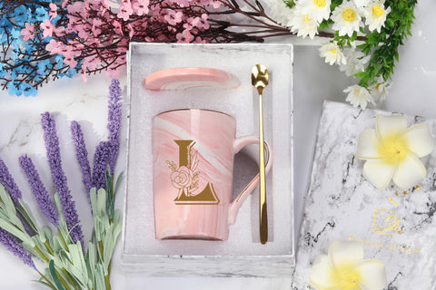WENSSY Letter L mug with flower in pink, ideal gift idea
