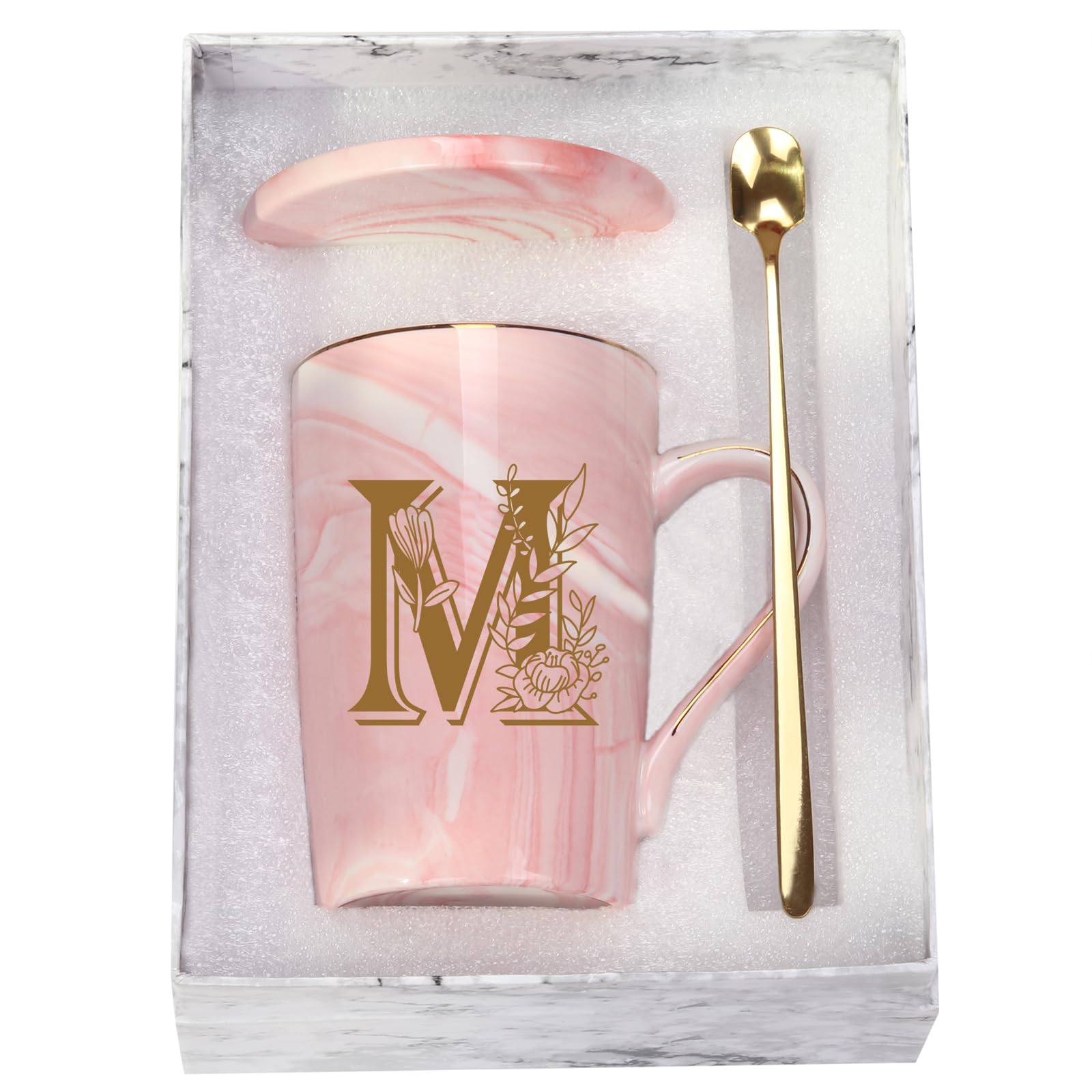 WENSSY Pink M mug with flower, front view, ideal personalized gift for daily coffee rituals.