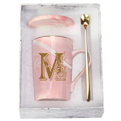 WENSSY Pink M mug with flower, front view, ideal personalized gift for daily coffee rituals.