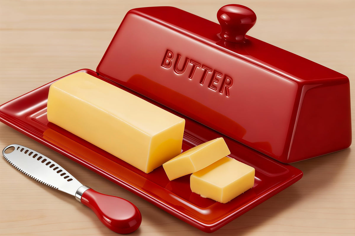 WERTIOO butter dish with lid on countertop keeps butter fresh and dust-free.