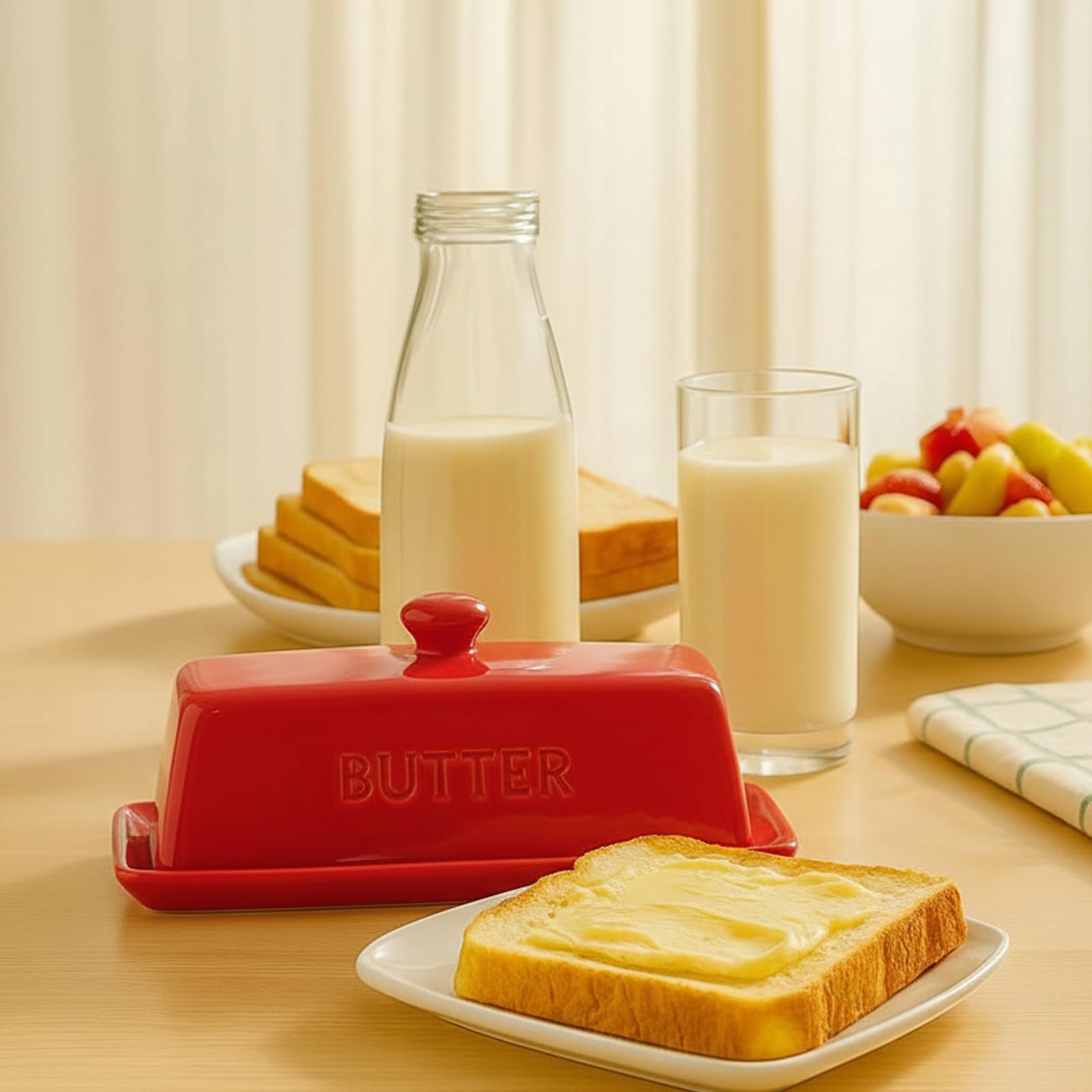 WERTIOO red ceramic butter dish with lid adds vibrant kitchen style.