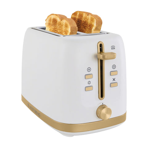 West Bend Timeless 2-Slice Toaster in white and gold, front view for elegant mornings.