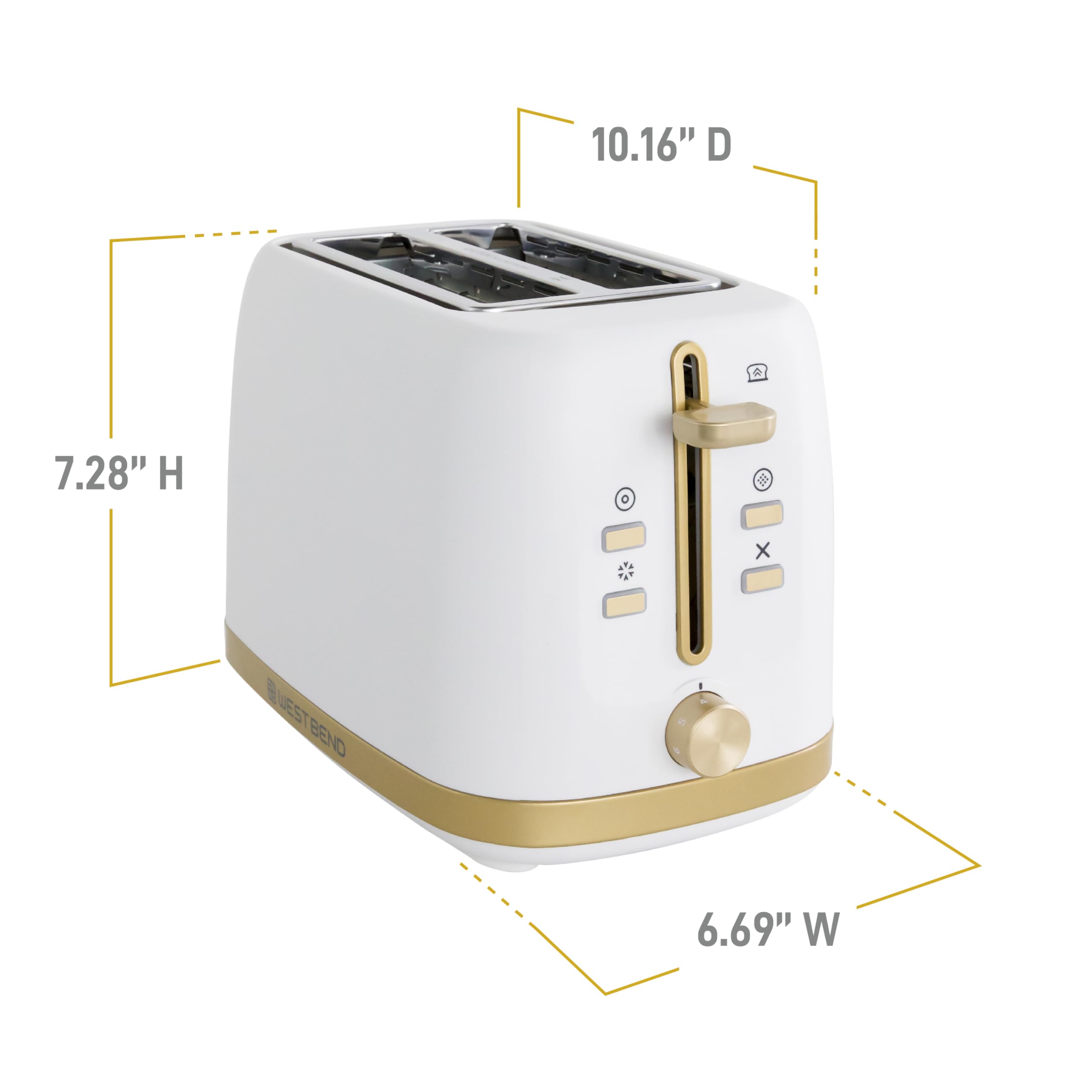 Wide slots on West Bend Timeless toaster suitable for bagels and waffles.