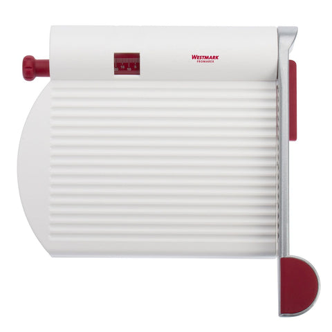 Westmark slicer in white shows stainless blade and adjustable thickness dial