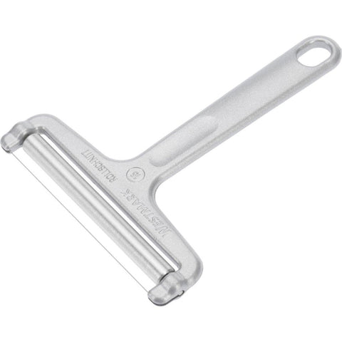 Westmark wire cheese slicer close-up shows adjustable angle for thickness control.