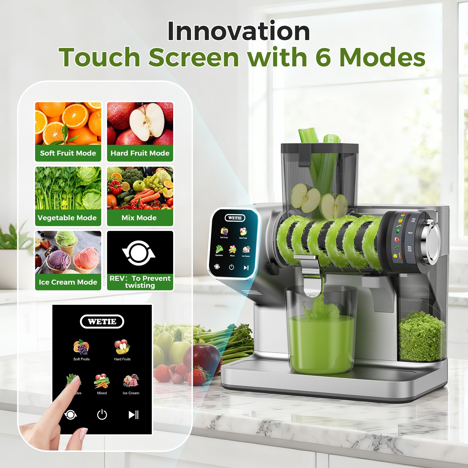 WetIE juicer control panel showing presets for fruits and vegetables