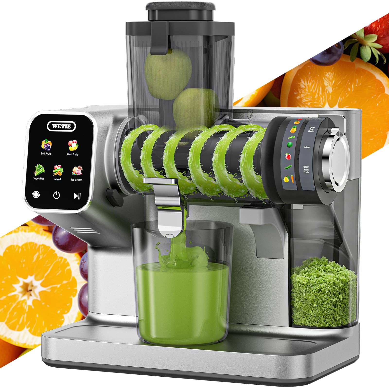 WetIE cold press juicer top view with touch screen control for easy juicing