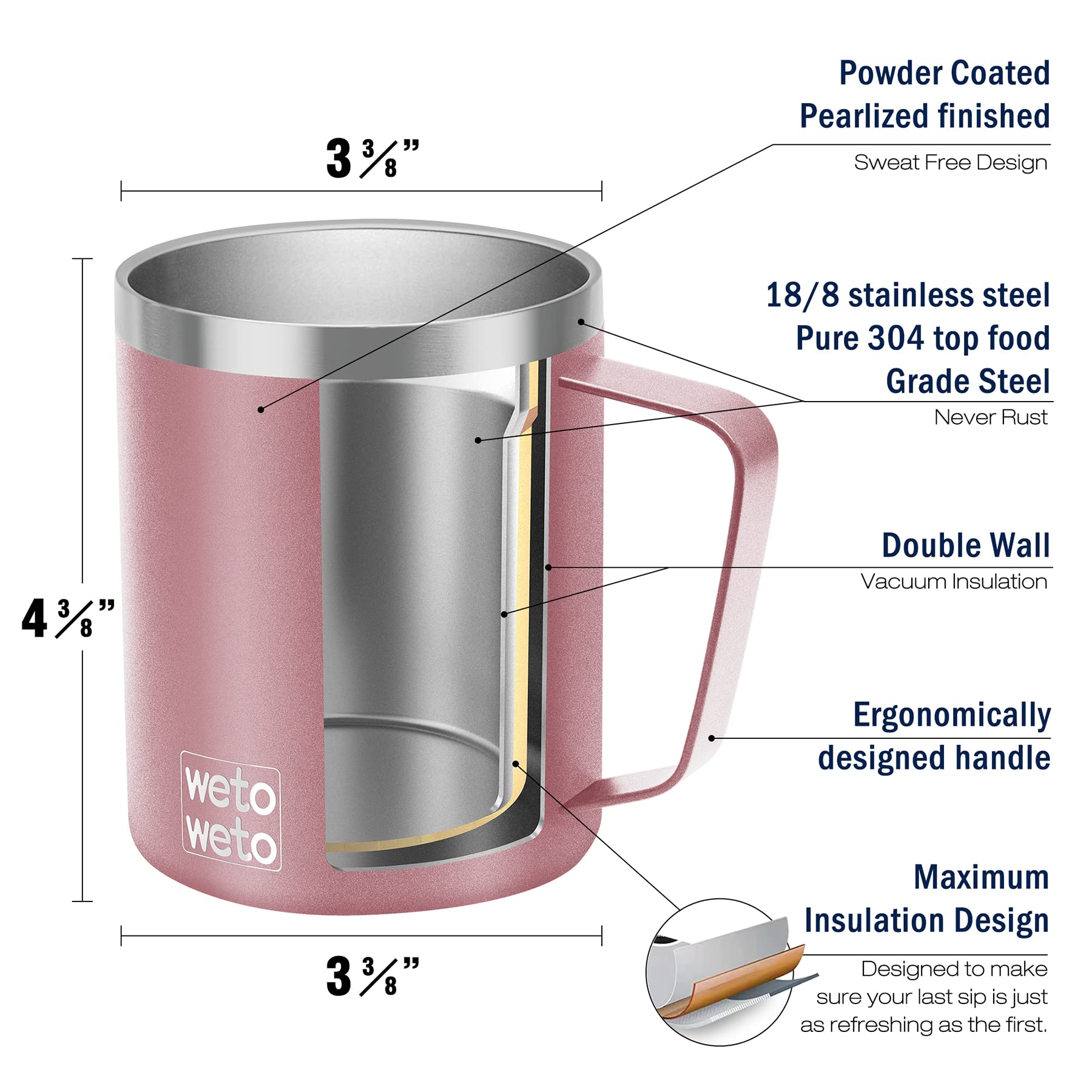 WETOWETO insulated coffee mug rose gold keeps drinks hot or cold for hours.