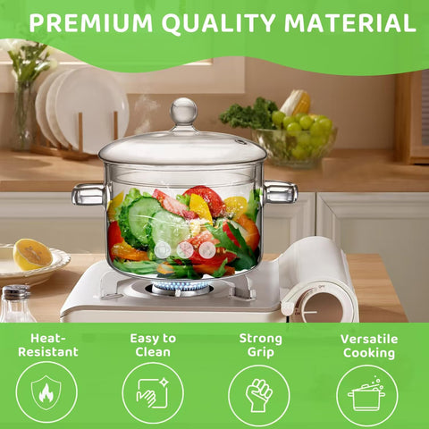 WETPYAKS glass pot highlights heat resistance for stove and oven use.