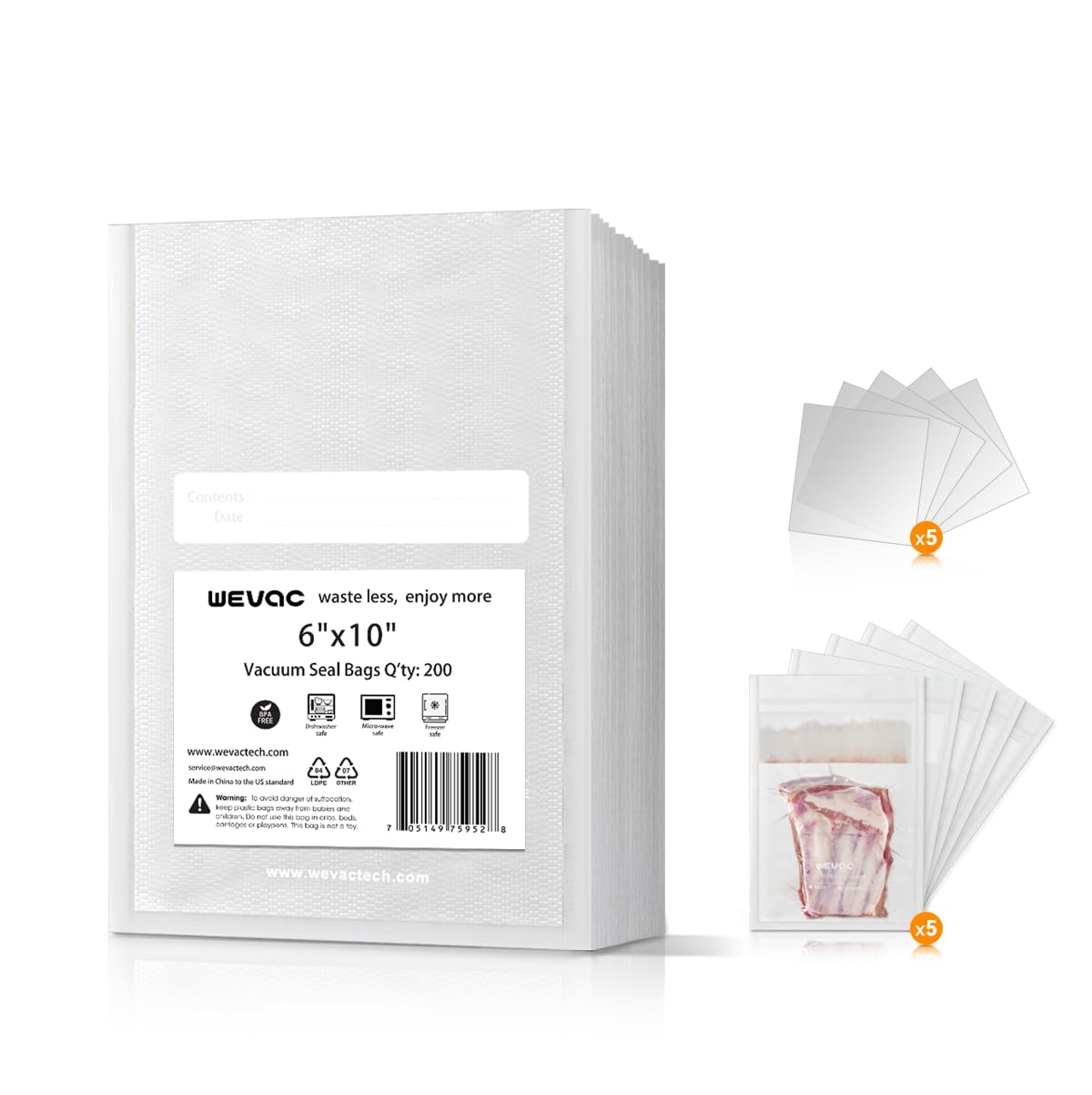 Wevac 6x10 vacuum bags front of pack ideal for long-term storage