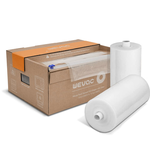 Wevac 8inch100ft roll with keeper and cutter for precise bag sizing and tidy prep.