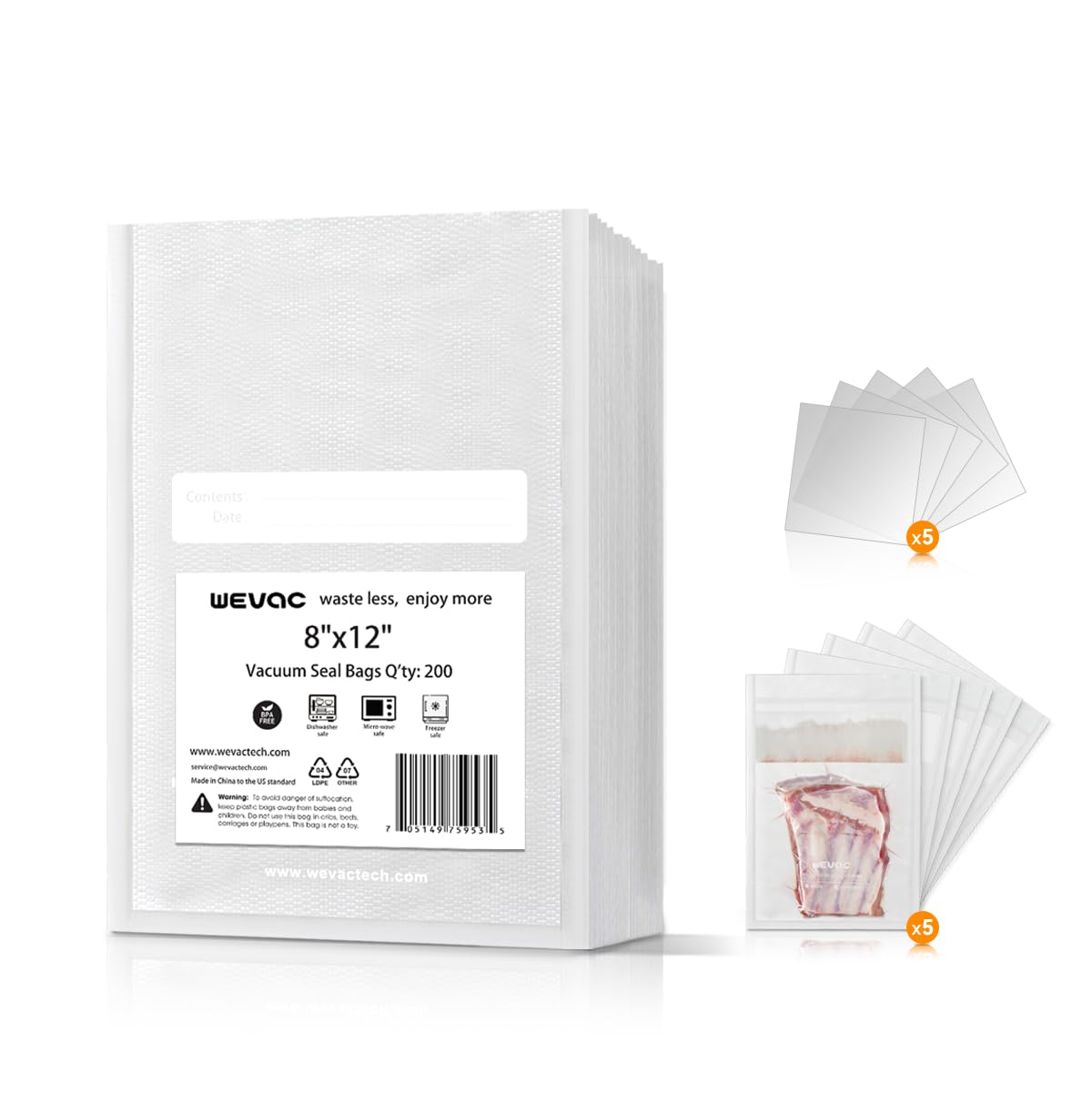 Wevac 8x12 vacuum bags 200-pack for fresh storage and sous vide prep