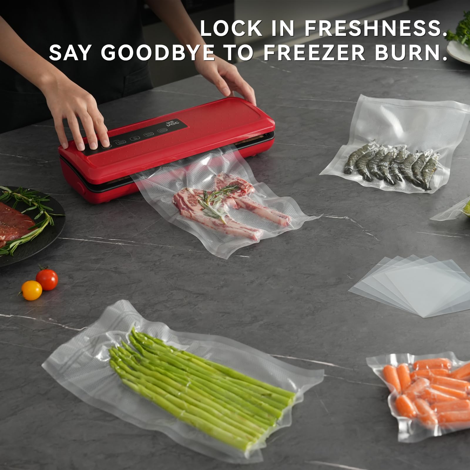 Wevac Lite 11x50 roll shown for batch meal prep and fresh storage
