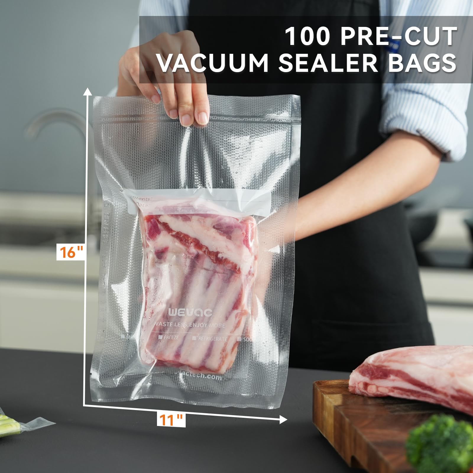 Wevac 11x16 bags in kitchen use for organized prep and bulk storage.