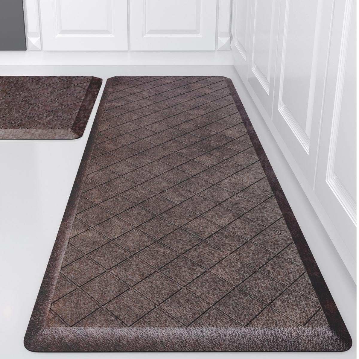 WEZVIX cushioned anti-fatigue mat in kitchen reduces standing fatigue during meal prep.