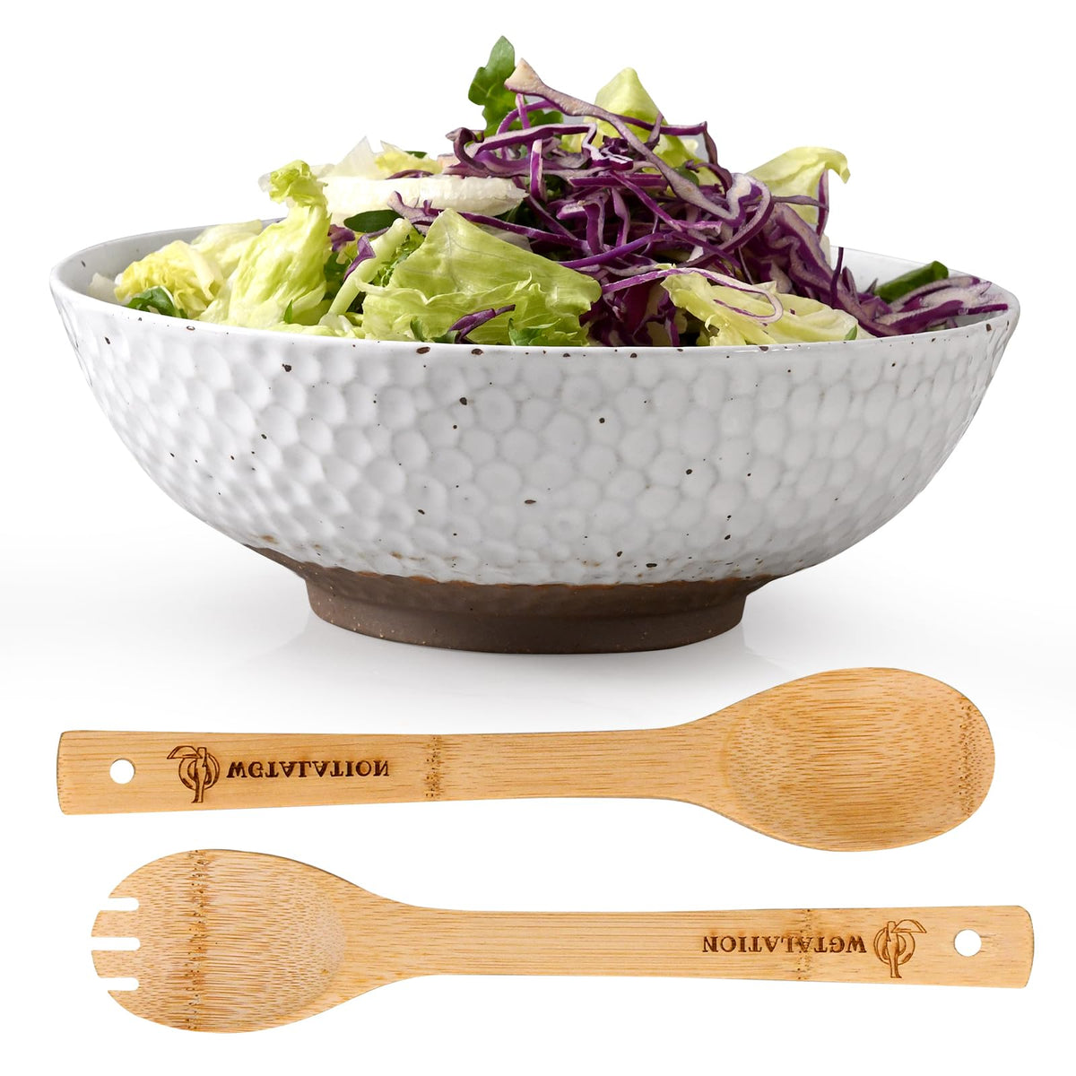 Wgtalation vanilla white ceramic serving bowl shows 58 oz capacity for family-style meals
