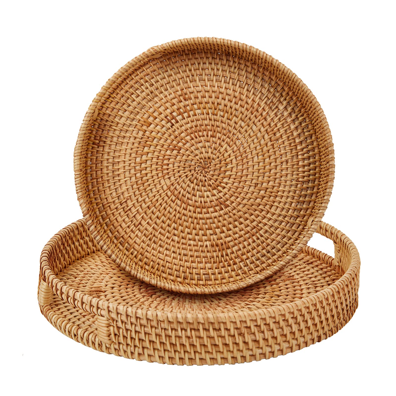 Whalehub round rattan tray with large handles for easy serving and organization.