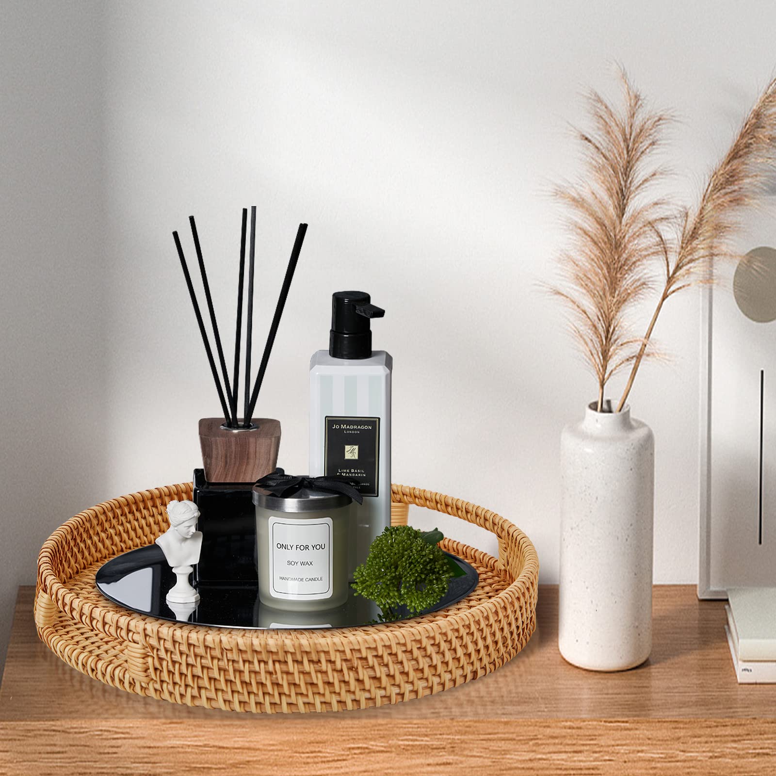 Whalehub rattan tray in living room display boosts natural aesthetic.